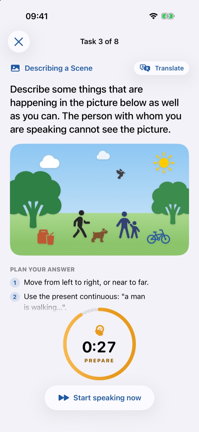 Describing a Scene task with a picture, an answer plan and the preparation timer
